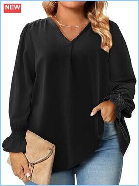 Plus Size V Neck Chiffon Blouse Puff Sleeve Tunic Top